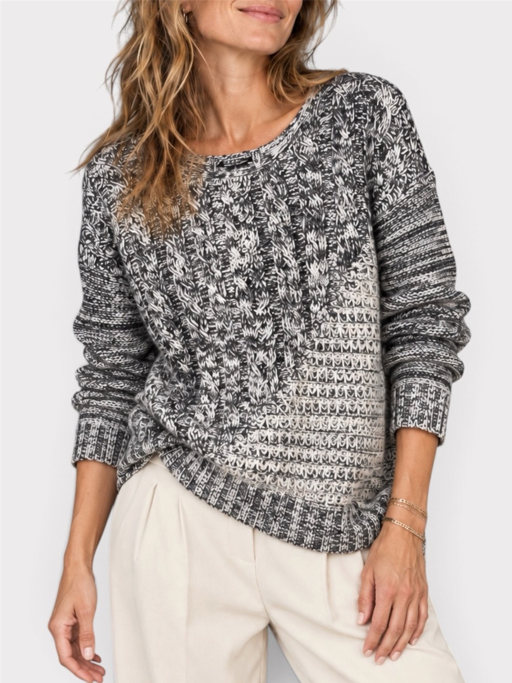 Lucky Brand Grey Marled Cable Knit Wool Blend Sweater Small